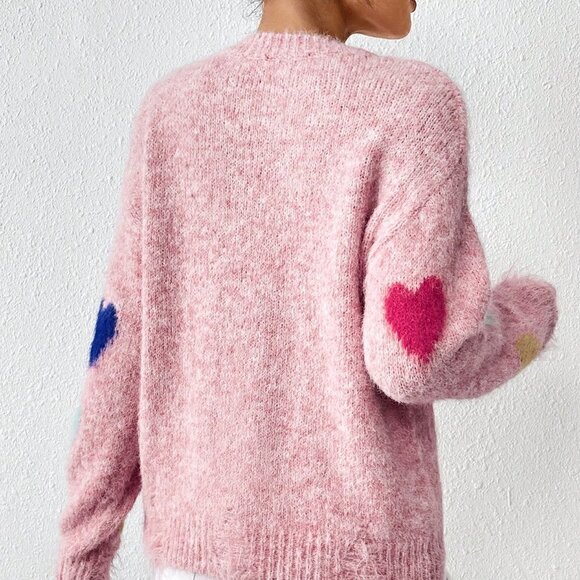Pink Casual Womens Heart Pattern Drop Shoulder Sweater - Picture 2 of 5